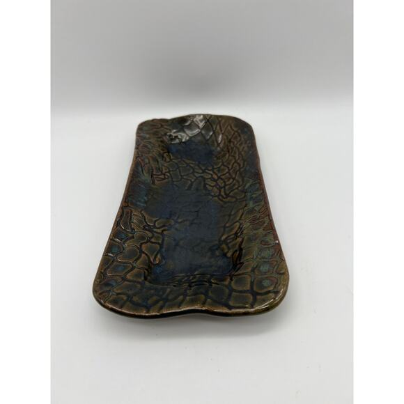 Signed Art Pottery Rectangle Reptile Design Texture Brown Green Shiny Glaze Dish - Picture 6 of 11